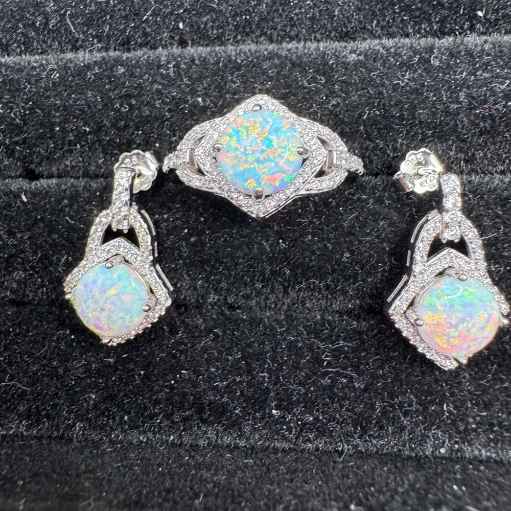 Ryze Party .925 lab created Opal and Sterling Silver Jewelry Set earrings & ring